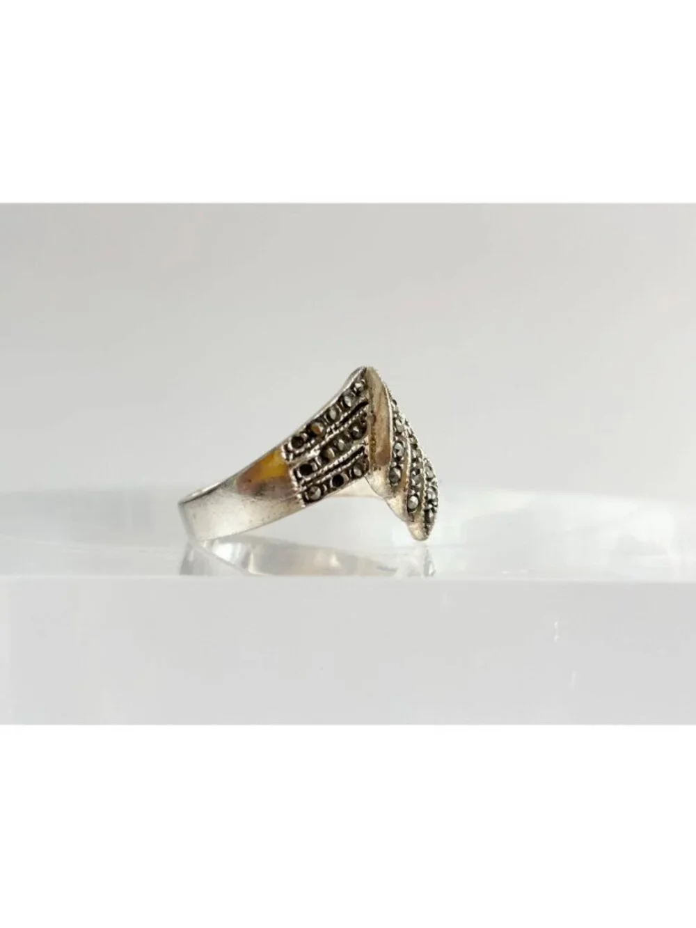 Marcasite Art Deco Folded Pave Sterling Silver 925 Vintage Ring - sz 8